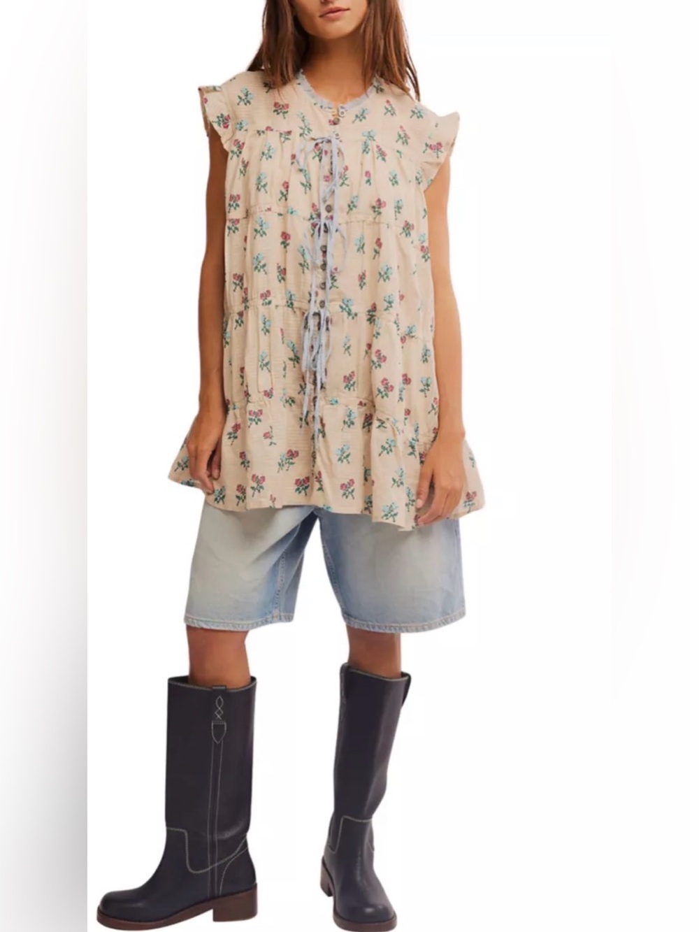 Free People Cream Dress with Pink & Teal Floral Print - Picture 2 of 6